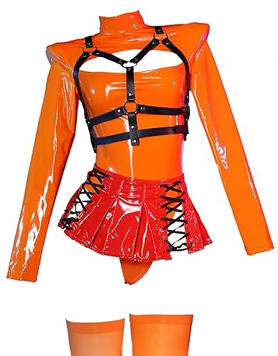 Mobbunny Women Halloween Bodysuit With Mini Skirt Socks Orange Pumpkin Costume Outfit Shiny Leather - X-Large - Orange