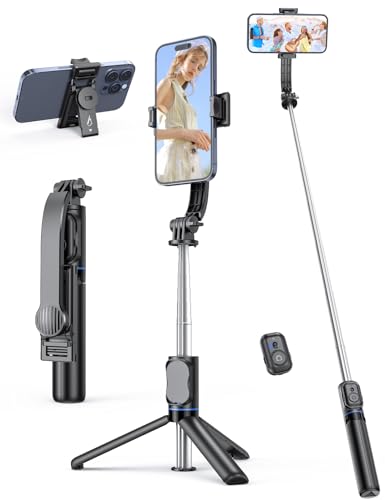 Selfie Stick mit Abnehmbarer Handyhalterung,106 cm Ausziehbares Handy Stativ mit Fernbedienung, 360° Drehbarer StativStänder für iPhone, Samsung und Android-Smartphones (Schwarz) - Schwarz