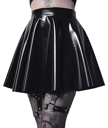 SEMATOMALA Women's PVC PU Leather Short Skater Skirt Black Latex Wet Look Shiny Pleated Flared A Line Mini Skirt Clubwear - Large - Black