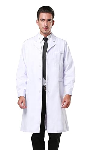 Men's White Lab Coats Doctor Workwear - Unisex Lab Coat Scrubs Adult Uniform - Long Sleeves - Small