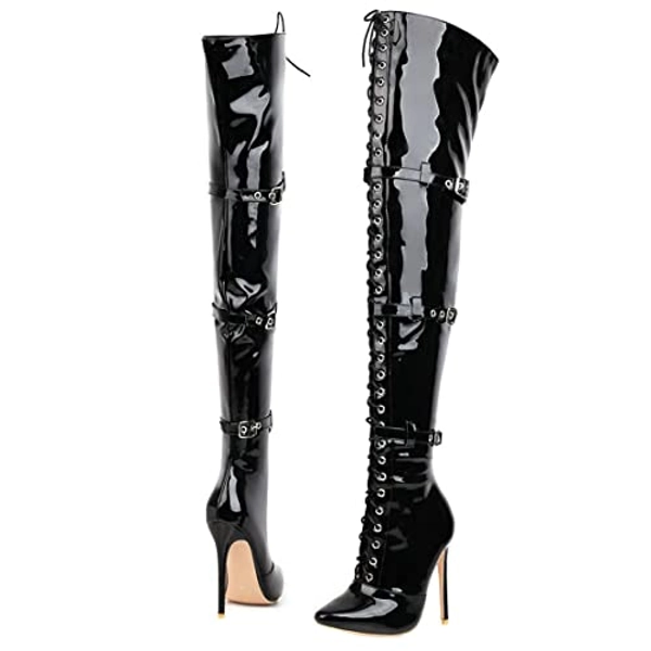 UniqueStride Womens Pointed Toe Patent Leather Thigh High Stiletto Boots Buckle Strappy Punk Over the Knee Boots