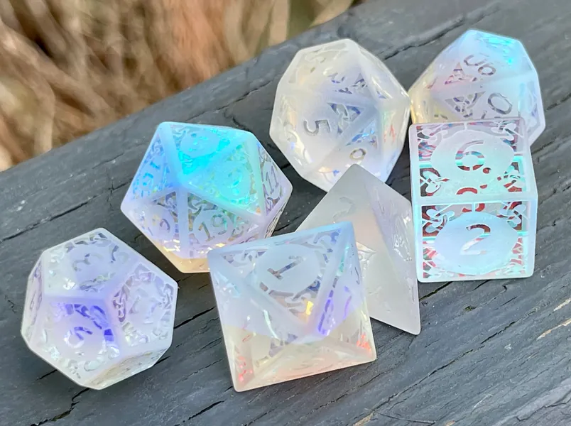 Dragons Frosted Crystal - 7 Piece Semi-Precious Glass Gemstone Tabletop Gaming Critical Role DND RPG Polyhedral Dice Set