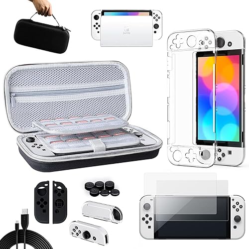 Benazcap Tasche & Schutzfolie für Nintendo Switch OLED, Nintendo Switch Zubehör Bundle mit Tasche,Schutzfolie, Transparent Hülle(Support Station,USB Kabel, Skins für Joy-Con,Joystick-Kappen