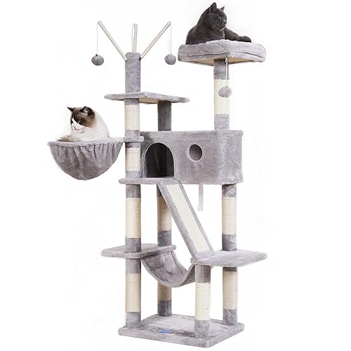 Hey-Brother Kratzbaum, 154 cm Indoor Katzenbaum, Mit gepolsterter Plattform Bett, Spielzeug Ball, Höhlen, Hängematte und Sisal Kratzbaum Katzenhaus, Hellgrau MPJ019W - 154 cm - hellgrau