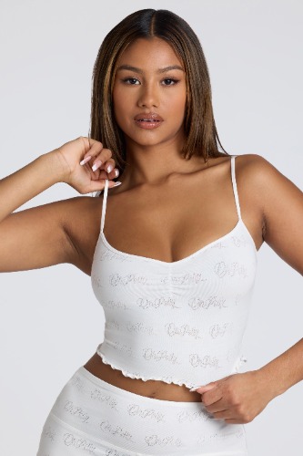 Strappy Ruched Pointelle Crop Top in White | S