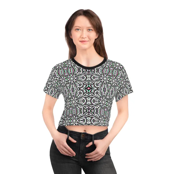 Trippy Crop Tee (AOP), psychedelic clothing, festival clothing, yoga clothing.