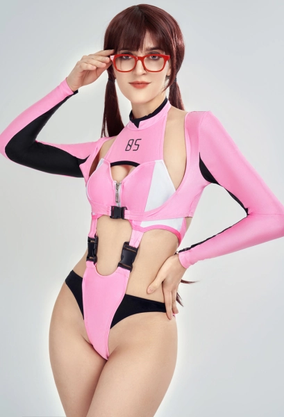 EVA Derivative Swimsuit Sexy Pink Cutout One-Piece Bathing Suit High Neck Swimwear