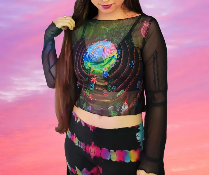 Trippy Mesh Crop Top- Tree Tunnel Fantasy see through top- Psychedelic Art Rave and Festival Clothing