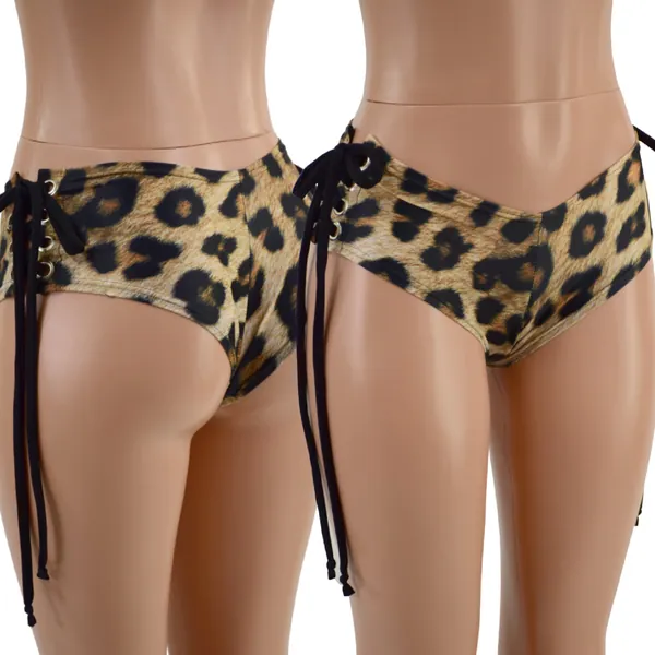 Leopard Print Lace Up Ultra Cheeky Booty Shorts with Smooth Black Spandex ties - 157592