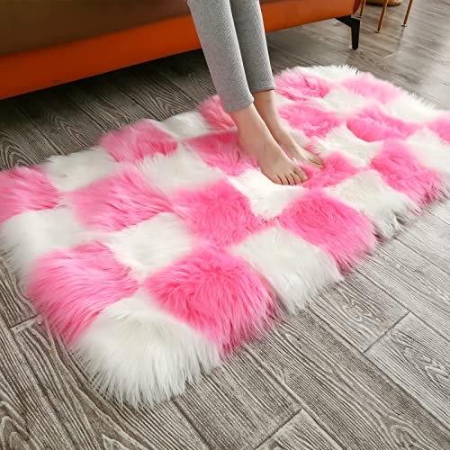 CKLZSAY Faux Fur Sheepskin Rug Super Soft Fluffy Plush Checkered Area Rug Bedroom Floor Children's Room Sofa Cushion Living Room Runners Bedside Rugs（White Pink 2×4 ft Rectangle） - (White and Pink) - 2×4 ft Rectangle