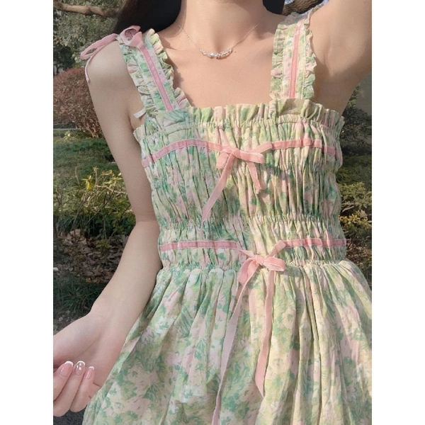 Two-piece Set Knitted Cardigan + Floral Strap Dress Set For Women Cute long dress Spring fashion date outfit school girl