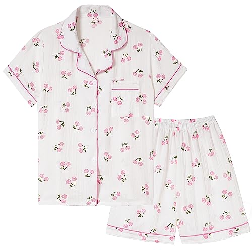 Vopmocld Girls Button Down Sleepwear Short Sleeve Long Pants 3PCS Pajama Sets Casual Lapel Loungewear Florals Nighty - 16 - 2pcs-pinkcherry