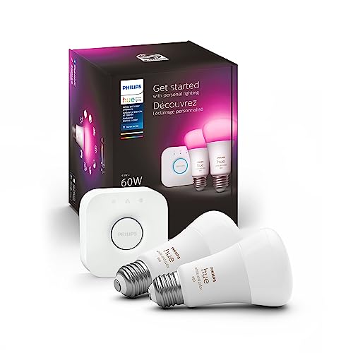 Philips Hue Smart Light Starter Kit - Includes (1) Bridge and (2) 60W A19 LED Bulb, White and Color Ambiance Color-Changing Light, 800LM, E26 - Control with App or Voice Assistant - 60 Watts - White and Color Ambiance - 2 Bulbs