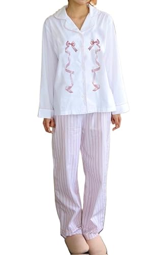 Adoeren Women Pajamas Sets Bow Print Long Sleeve Button Top Striped Pants Lounge Outfits Y2k 2 Piece Sleepwear Pjs - A 22 Pink Bow - Large