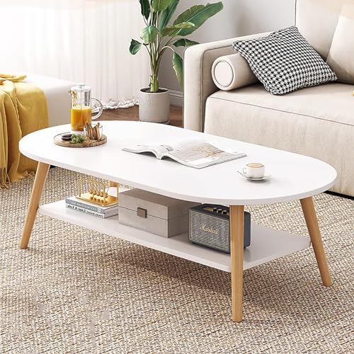 Modern Coffee Table for Living Room,Wooden Coffee Table with Storage Shelf,Oval Center Table Accent Cocktail End Table for Home Office Small Apartment(47.2" W, White) - White - 47.2"W