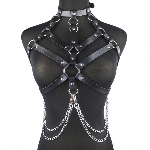 Black PU Fake Leather Alt Body Choker Harness