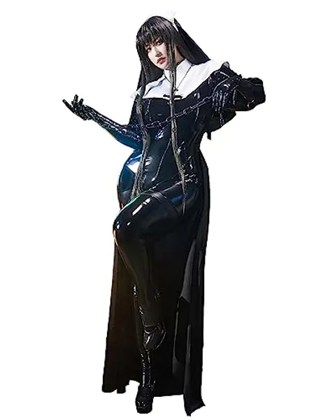 miccostumes x Chowbie Sisters Costume Women Nun Cosplay Black Bodysuit Jumpsuit with Collar Headband Necklace