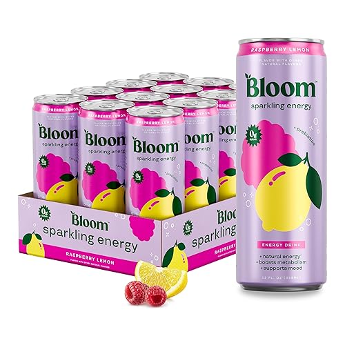 Bloom Nutrition Sparkling Energy Drink for Focus, Natural Caffeine, Zero Sugar, 180mg Caffeine, Antioxidant-Rich with Green Coffee Bean, Green Tea Extract, & Prebiotics, Raspberry Lemon 12oz 12 Pack - Raspberry Lemon - 12 Fl Oz (Pack of 12)