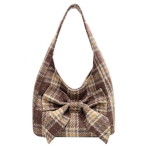 Fashion Shoulder Hobo Bags for Women Wool Tweed Tote Bags Plaid Pattern Bowknot Handbags and Purses Large Capacity - Bowknot