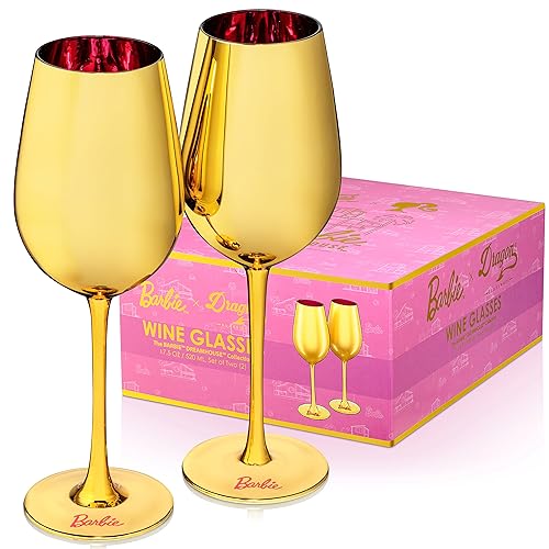 Dragon Glassware x Barbie Gold Wine Glasses - 17.5 oz Gold with Pink Stemmed Crystal Wine Glass Set of 2 - Dreamhouse Collection - As Seen in Barbie The Movie - 2 Count (Pack of 1) - Barbie Dreamhouse