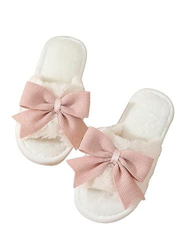 OYOANGLE Women's Cute Bow Decor Fuzzy Open Toe Indoor Home Slippers Fashionable Warm Comfy Furry Outdoor Slippers - 7.5 - White