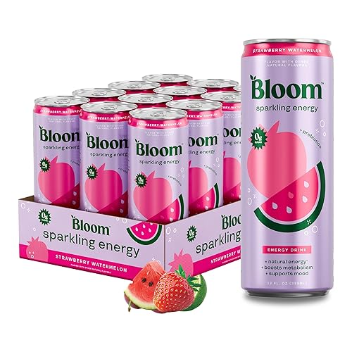 Bloom Nutrition Sparkling Energy Drink - Natural Caffeine, Zero Sugar, 180mg Caffeine - Antioxidant-Rich with Green Coffee Bean, Green Tea Extract, Prebiotics - Strawberry Watermelon - 12oz 12 Pack - Strawberry Watermelon - 12 Fl Oz (Pack of 12)