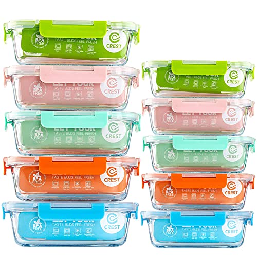 C CREST [10-Pack Glass Food Storage Containers (A Set of Five Colors), Meal Prep Containers with Lids for Kitchen, Home Use - Airtight Glass Lunch Boxes - Multicolor