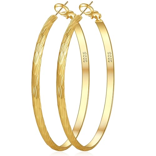 VEEDOFA Large Gold Hoop Earrings for Women 925 Sterling Silver Hoop Earrings Hypoallergenic Lightweight Wide Thick Hoops Earrings for Women - 50mm - Gold