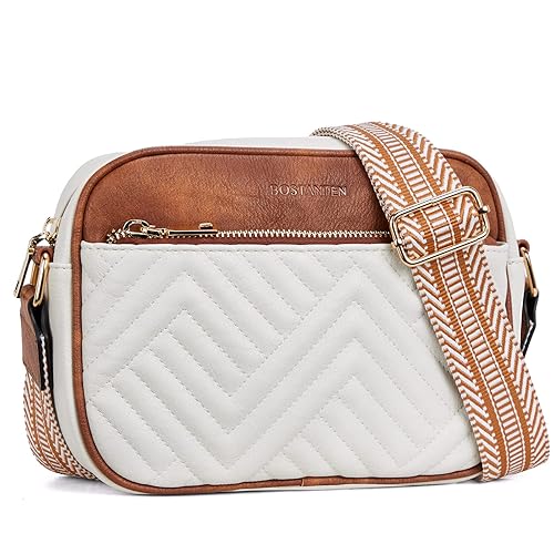 BOSTANTEN Quilted Crossbody Bags for Women Vegan Leather Purses Small Shoulder Handbags with Wide Strap - Beige With Brown