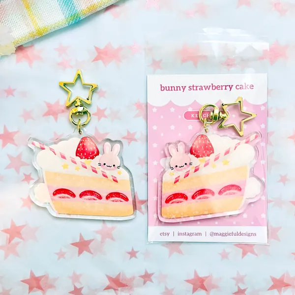 Yummy Kawaii | Strawberry Cake | Cookie Roll | Pink Bunny Rabbit Usagi | Cute Stars | Holographic Acrylic Keychain | 2.5" x 2.25"