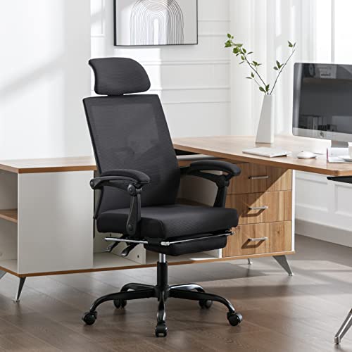 Qulomvs Mesh Ergonomic Office Chair with Footrest Home Office Desk Chair with Headrest and Backrest 90-135 Adjustable Computer Executive Desk Chair with Wheels 360 Swivel Task Chair - Black With Footrest