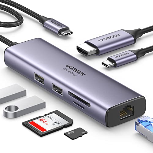 UGREEN Revodok 107 USB C Hub 7 in 1 Gigabit Ethernet 4K@60Hz HDMI, 100W PD Charging, SD/TF Card Reader, 2 USB A Data Ports Compatible with Mac M1, M2, M3, iPad, iPhone 15 Pro/Pro Max, Steam Deck - 7 in 1