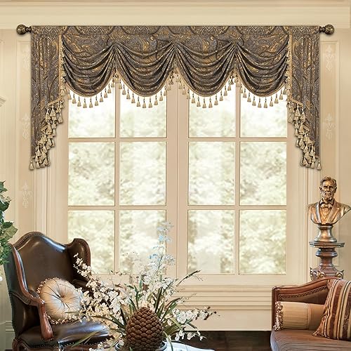 Loom and Mill Luxury Jacquard Waterfall Valance for Living Room, Classic Antique Swag Window Valances with Tassels, Bronze Gold Swag Curtains for Bedroom Banquet Holiday Decoration(W110Inch,1 Panel) - Bronze Gold - 110"W x 45"L (Pack of 1)