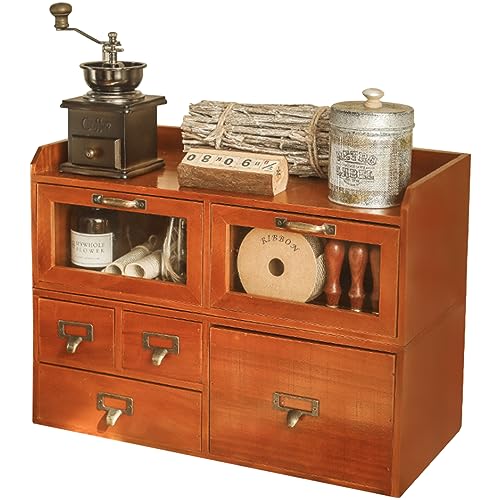 6-Drawer Desktop Organizing Cabinet - Office Supplies Organizer Chest - Vintage Drawers for Desk or Table Top - Classic Wood Drawers for Desktop - Drawer Organizer for Work Desk or Study Table