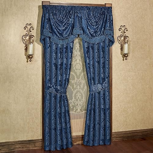 Touch of Class Camelot Luxury Window Treatment | Calming Navy Blue | Matte Satin Damask on Richly Textured Jacquard-Woven Chenille Fancy Drapery Set Includes Empire Valance and 95L Curtain Pair - 84"W x 95"L (Pack of 1) - Navy