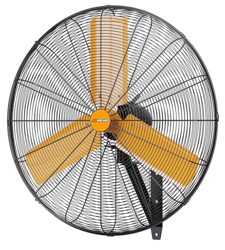 AIRWIZARD 30 inch Oscillating High Velocity Wall Mount Fan, 8550 CFM Industrial Heavy Duty Metal Wall Fan, 3 Speeds, Adjustable Height and Tilt, Commercial Shop Fan for Garage, Workshop - 30 Inch