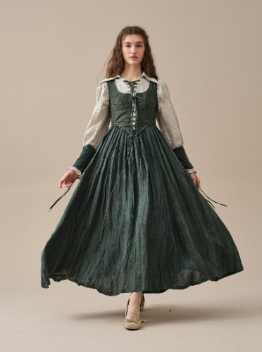 Anis 23 | Lace-up Jacquard Linen Corset Dress | Green / S