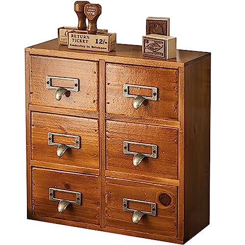 Vintage Card Catalog Drawers for Desktop - 6-Drawer Mini Wood Desktop Cabinet for Office Study Table - Solid Wood Storage Drawers for Table - Mahogany Wood Organizer Cabinet Drawers, Fully Assembled - Mahogany Wood