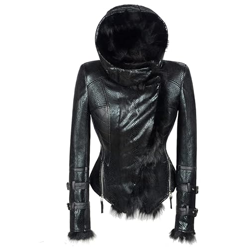 Fashion SX Women's Winter Warm Fixed Fur lapel Leather Jacket Punk Motorcycle Biker Short Coat - Medium - Snake Black