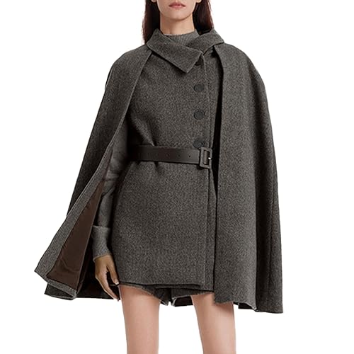 GOELIA Womens Winter Washable Wool Cloak Coats And Flap Neck Button Vest Two-Piece Set with Belt Plus Size Coat Outerwear - Charccoal Grey - Medium