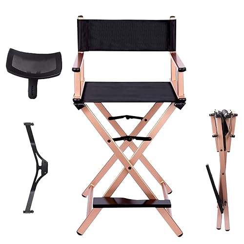 Lorvain Folable Makeup Artist Stool Chair, Protable Tall Folding Directors Chair, Aluminum Makeup Chair with Head Rest for Studio Salon Vanity, Bar Height - Gold Chair - Rose Gold