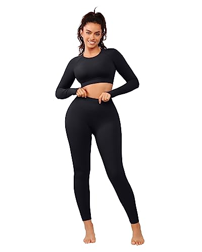 Cosmolle Workout Long Sleeve Outfits for Women Tummy Control Gym Outfit 2 Piece Set Yoga High Waist Leggings Ribbed Seamless - Medium - A2-black