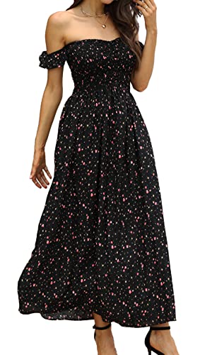 pasidvy Women's Summer Bohemian Party Maxi Dress Off Shoulder Beach Cover-up Long Dress - 107 Black Floral - Small