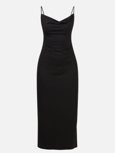 Silk-Like Cowl Neckline Slip Midi Dress - Black / S