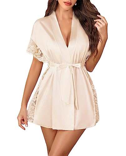 Avidlove Women Lingerie Robe Satin Sleepwear Eyelash Lace Kimono Side Split Sexy Silk Robes - Medium - Champagne