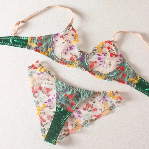 Sheer Lace Flower Embroidery Sexy Lingerie Set - Green / M