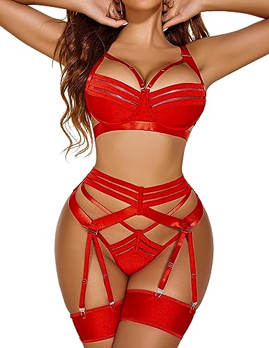 Avidlove Lingerie Set for Women Sexy Strappy Lingerie with Underwired Push Up Bra Support Garter Lingerie - Medium - Red
