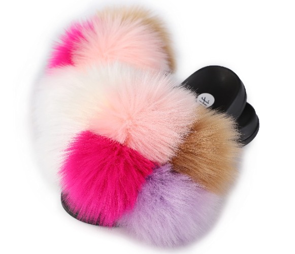 HIPRETTYUS Women's Faux Fur Slides, Open Toe Cute Fur Slippers, Indoor or Outdoor Comfortable Furry Slide Sandals With Fluffy Fur - 9-10 - Multicolor Pom