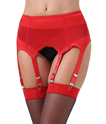 Lace Garter Belts/Sexy Mesh Suspender Belt with Six Straps Metal Clip for Women's Stockings/Lingerie (Garter Belt Sold Only) - Red Mesh Garter Belt - Medium