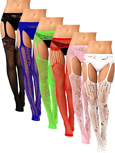 6 Pairs Women Fishnet Thigh High Stockings Suspender Pantyhose Lingerie Garter Belts Tights for Women Girls - Medium-Large - Black, Blue, Green, Red, Pink, White